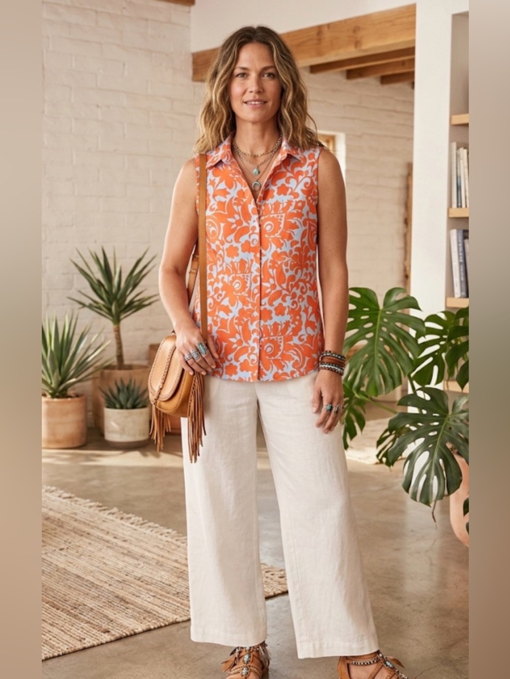 Talbots Orange and Cream Floral Sleeveless Button-Front Top sleeveless 4p boho